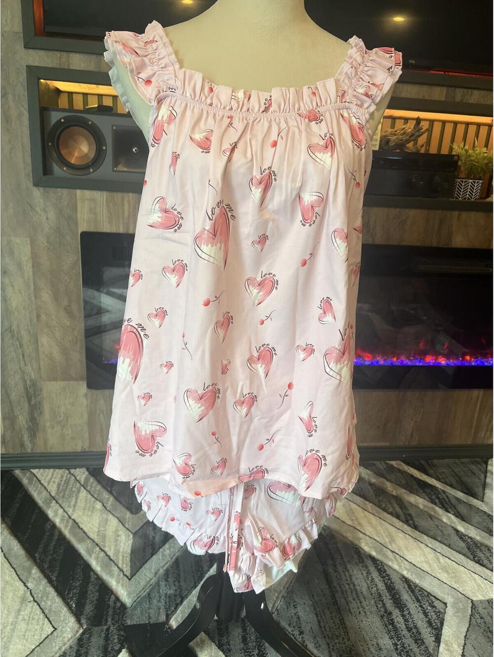 Pink Heart Print Ruffle Trim Pajama Set Size XXL